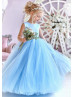 Beaded Blue Satin Tulle Heart Back Flower Girl Dress